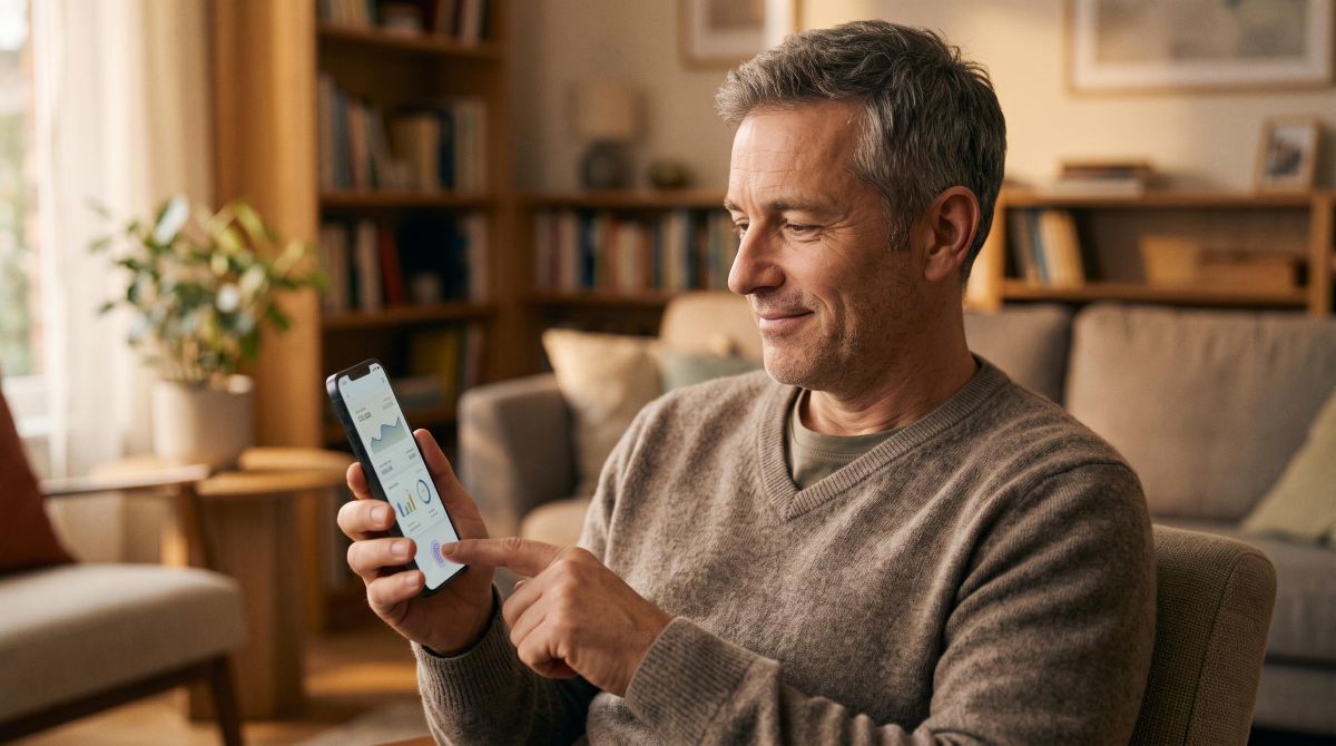 Homem de meia-idade em um ambiente doméstico aconchegante verificando o saldo em seu celular com autenticação biométrica, com o dedo posicionado 