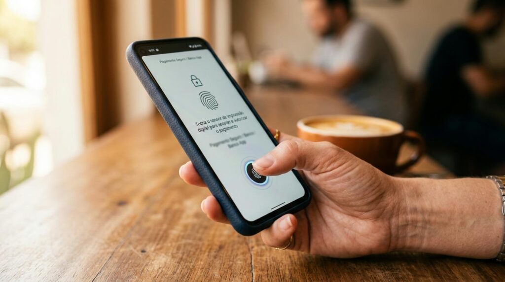 O que fazer se perder o celular com a carteira digital cadastrada 2 Close-up realista de uma mão segurando um smartphone enquanto usa biometria para acessar um aplicativo, com luz natural quente iluminando o ambiente
