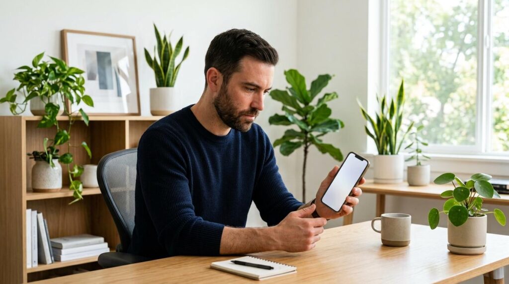 Adulto analisando termos de contrato de empréstimo em aplicativo bancário no celular, com expressão atenta, em um escritório organizado com plantas e