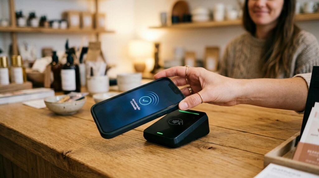 Smartphone sendo aproximado de uma maquininha de cartão moderna sobre um balcão de madeira clara, capturando o momento exato da transação por tecnolog