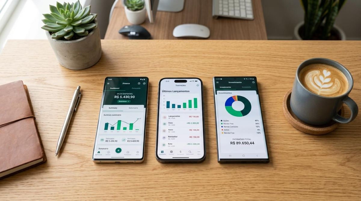 Visão superior de três smartphones diferentes alinhados sobre uma mesa de madeira clara, cada um exibindo uma tela de aplicativo financeiro aberta