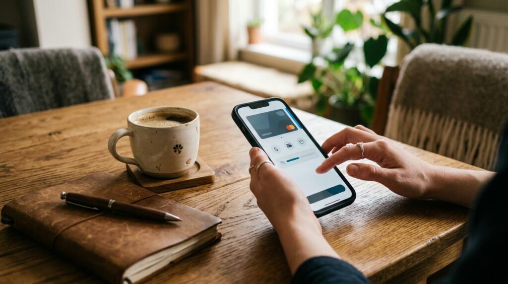 Carteiras digitais que rendem seu dinheiro: compare as melhores opções 2 Mãos digitando em smartphone sobre mesa de madeira, com xícara de café e caderno ao lado, representando o uso cotidiano de carteiras digitais com ilum