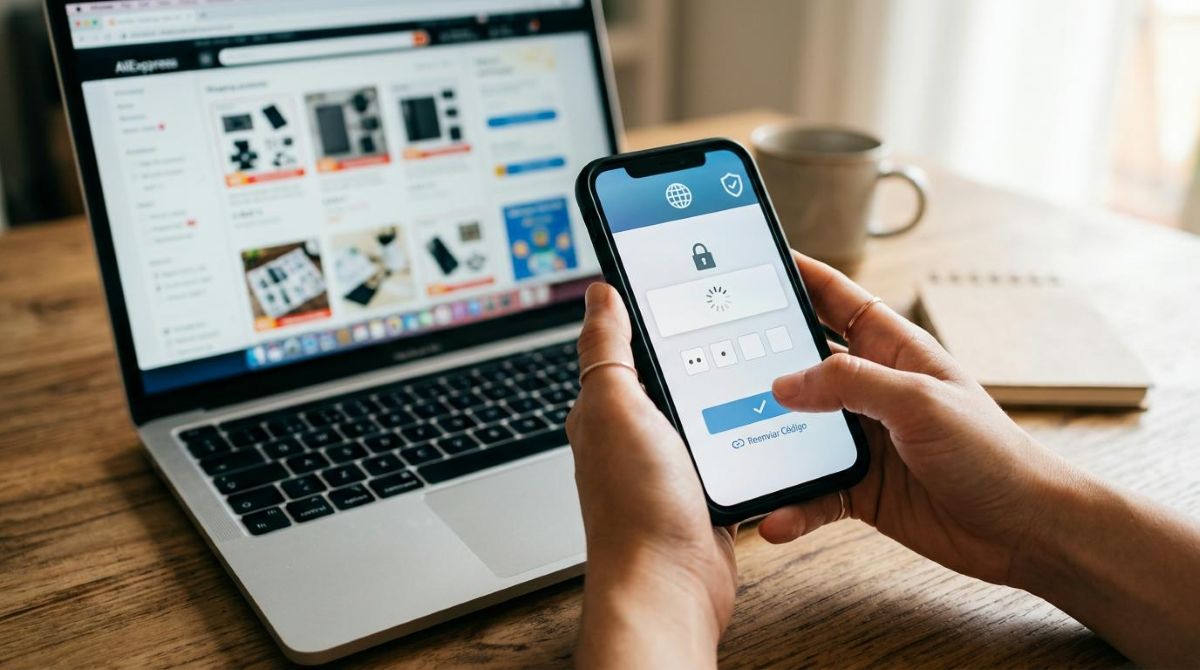 Como usar carteira digital em compras em sites estrangeiros com segurança 2 Mãos segurando um smartphone que exibe uma notificação de verificação de segurança durante um pagamento internacional, com um laptop aberto ao fundo